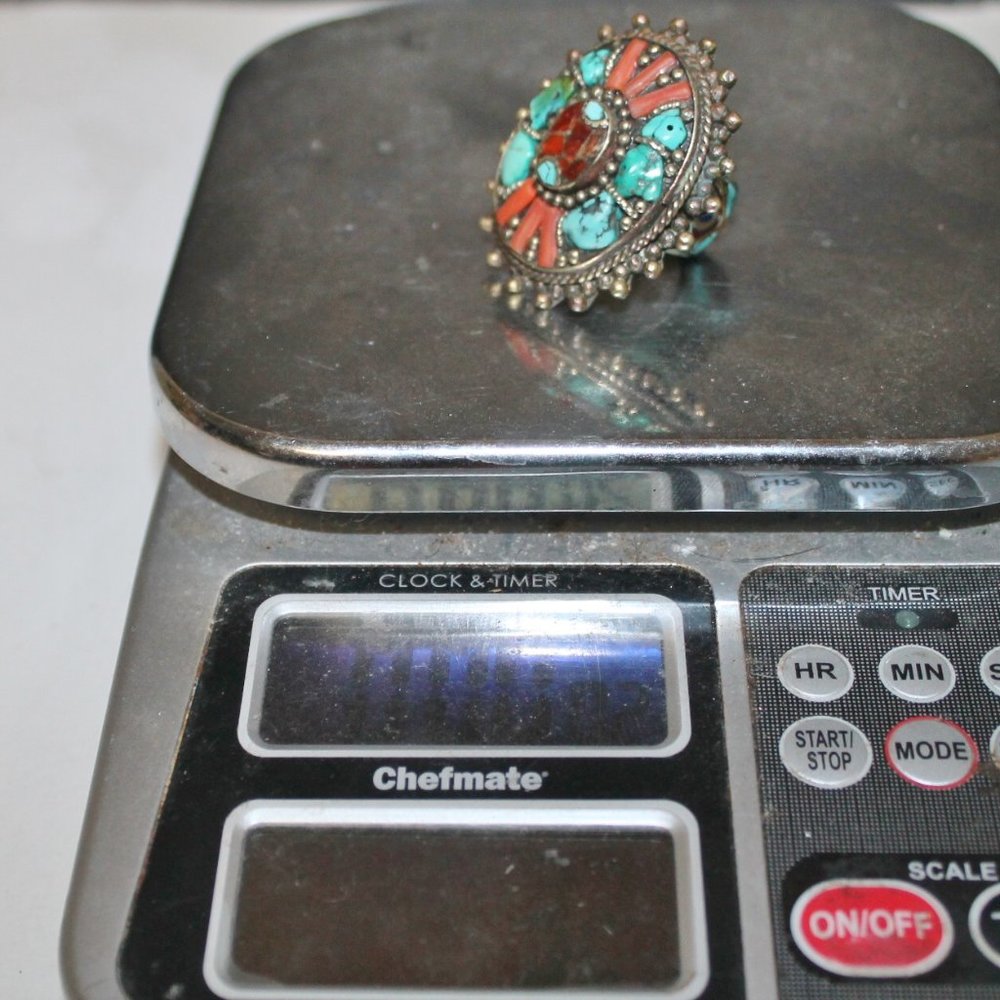Heavy 925 Zuni Navajo Spiny Oyster Coral Turquoise Cinnabar Native American Ring - Picture 7 of 12